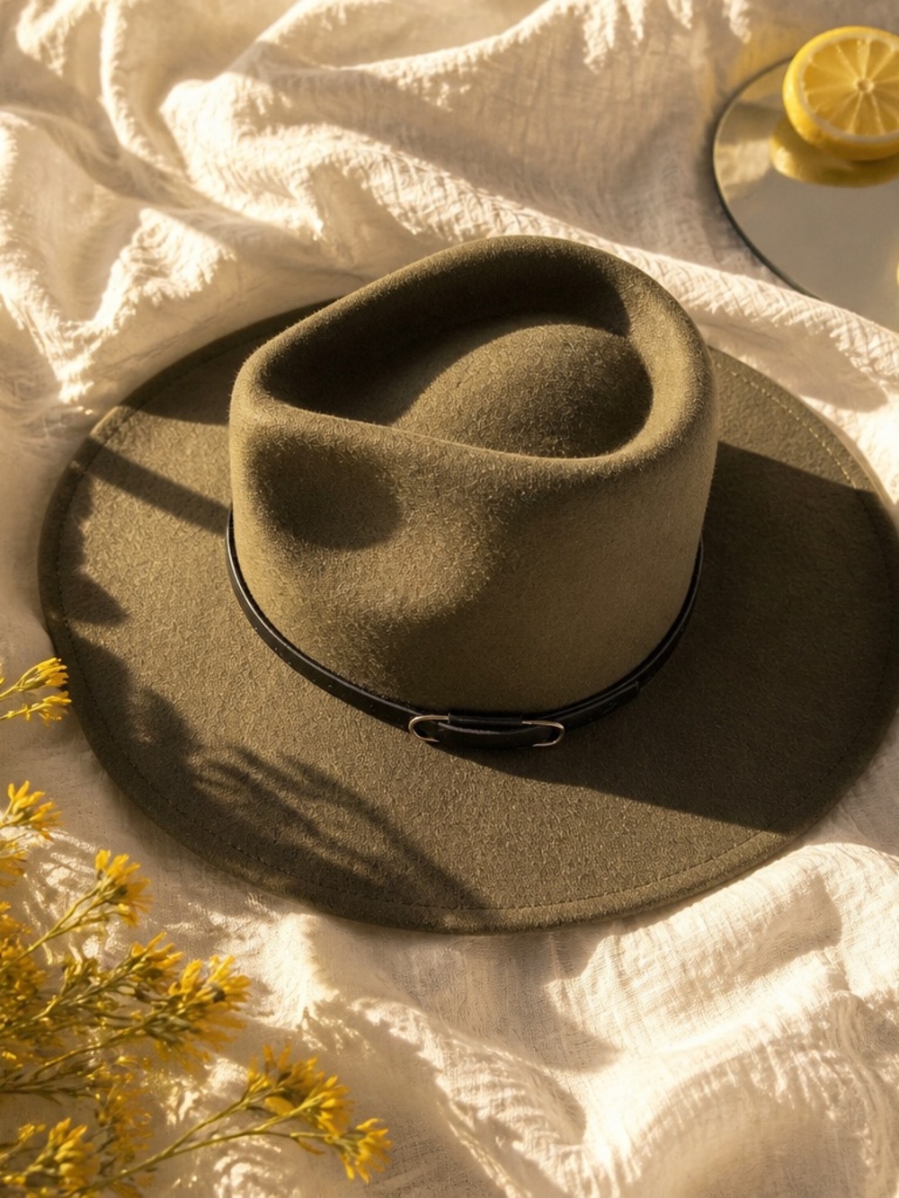 Olive Wide-Brim Wool Fedora Hat